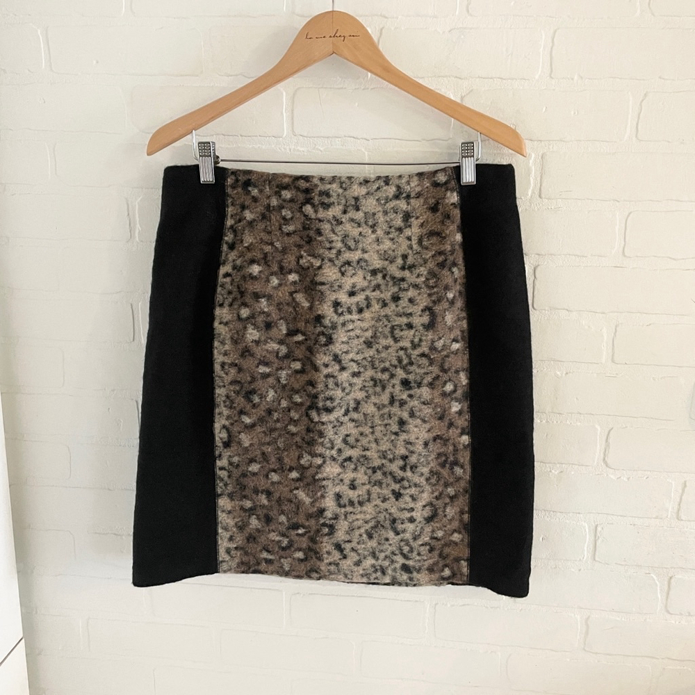 Clements Ribeiro Mini Skirt Wool blend Size 10 Black Brown Leopard Print Mobwife